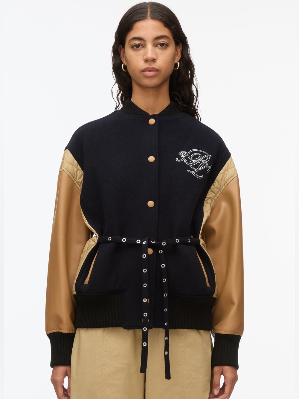 3.1 Philip Lim Boxy fit varsity bomber jacket tan faux leather sleeves rare $650